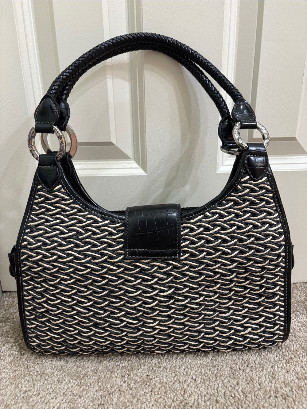 Coldwater Creek Black and Cream Woven Shoulder Bag with Heart Accent - Picture 3 of 10